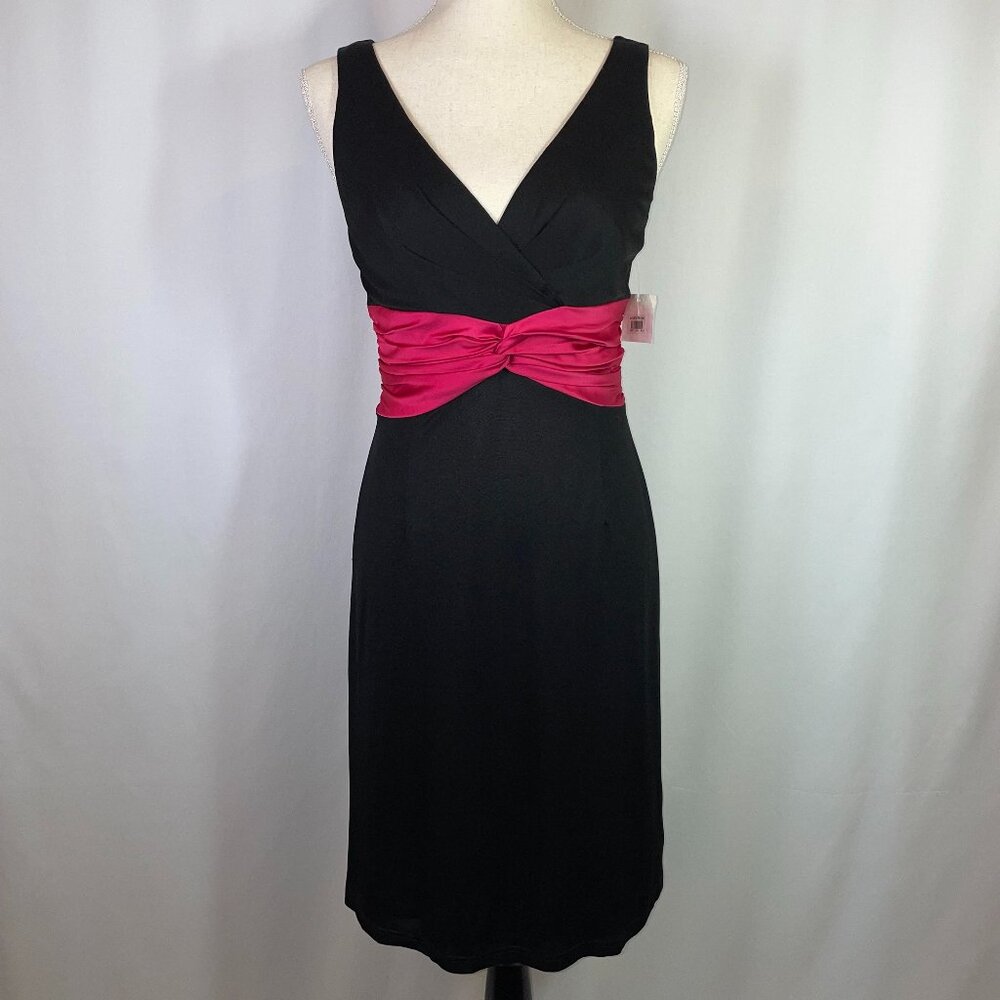 NWT Kay Unger Cocktail Dress Size 6 Black Ruched Fuchsia Waist Sleeveless